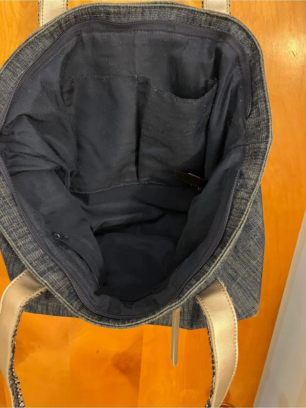 Denim Tote Bag with Braided Straps - Navy Blue